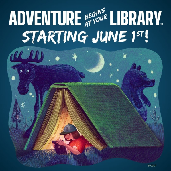 person with a baseball cap on reading under a tent that looks like a book with moose and bear in the background