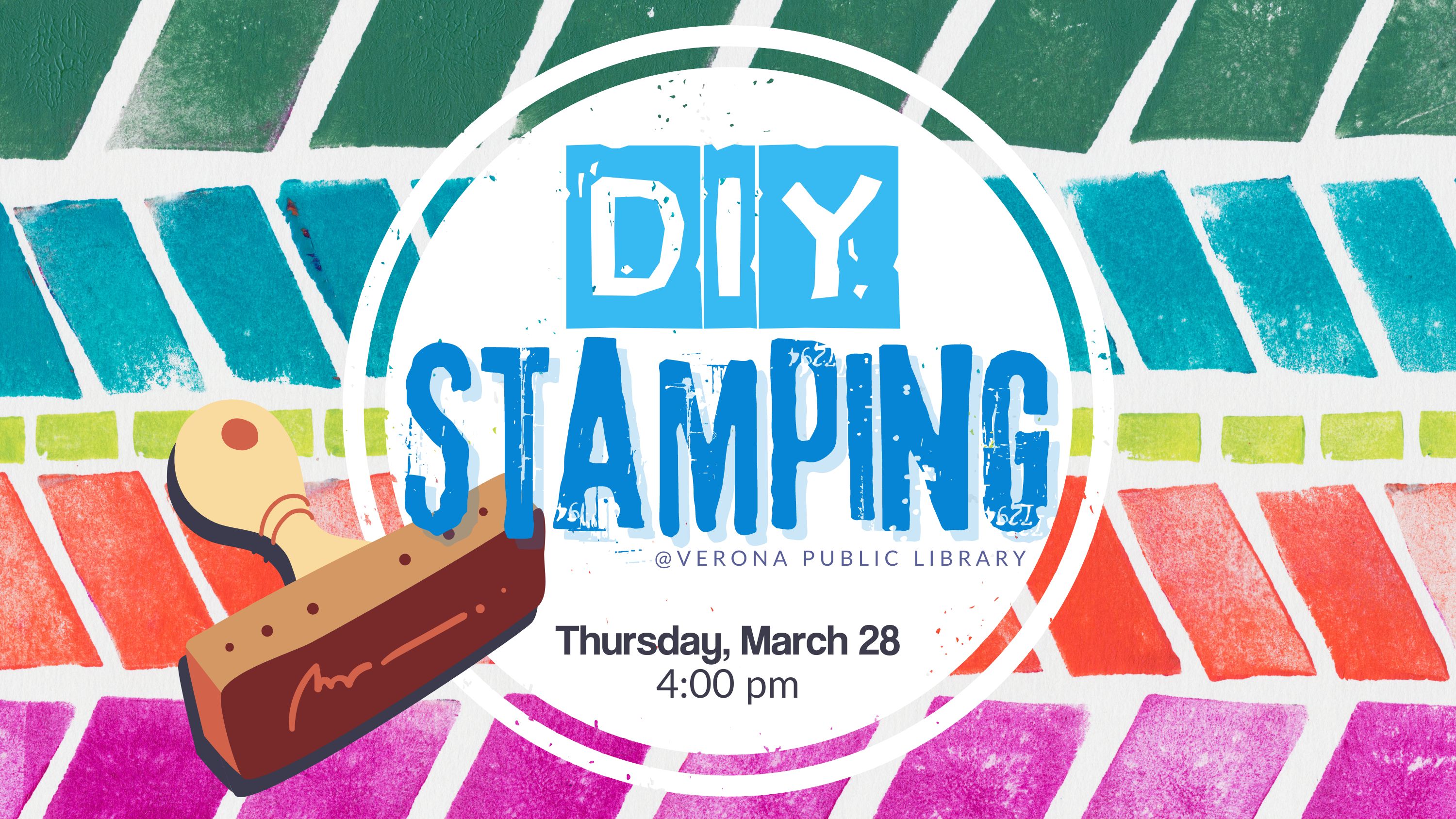 colorful geometric stamped background with a stamp illustration in the front