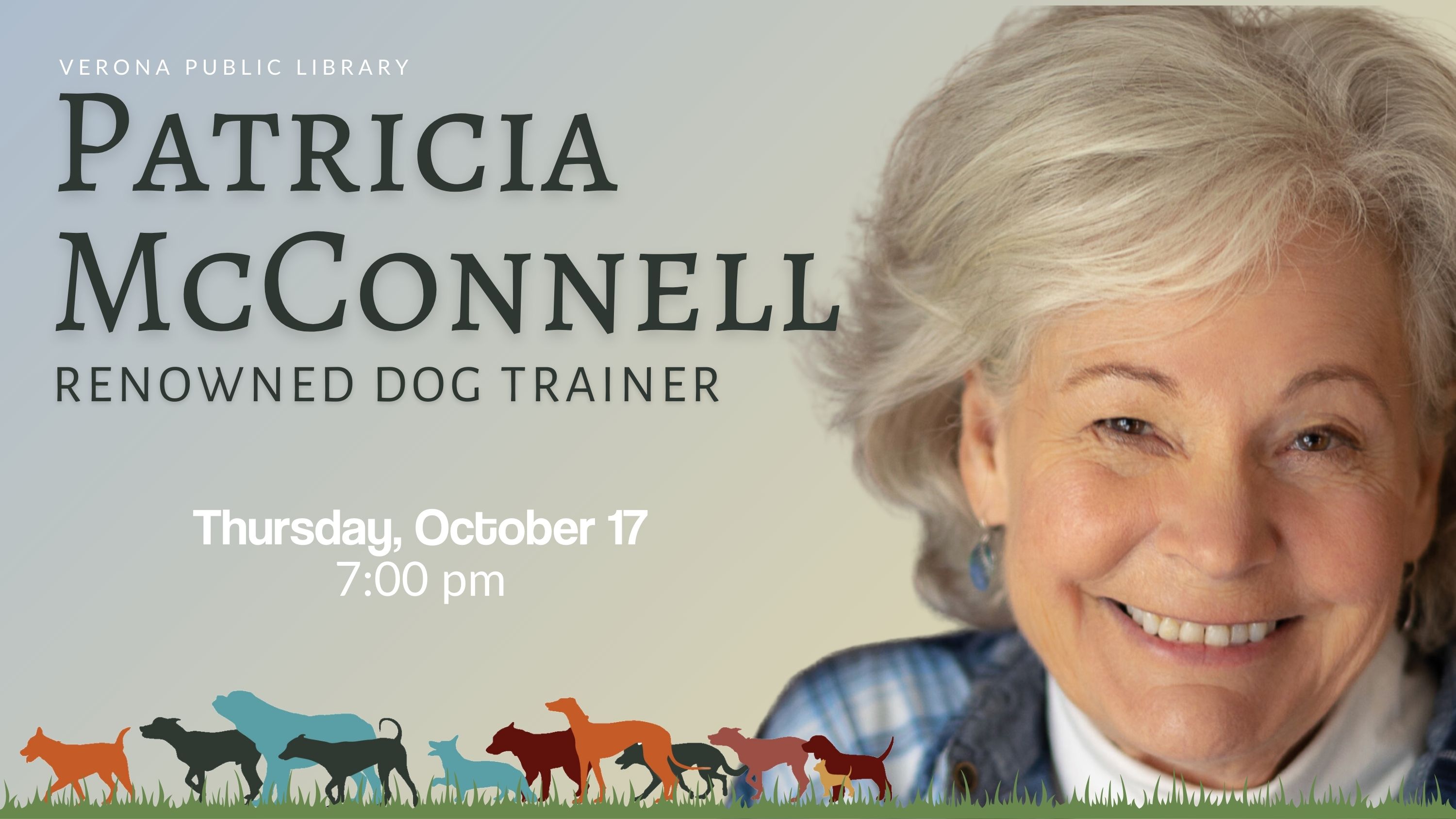 Photo of author Patricia McConnell with silhouettes of dogs in the frontPhoto of author Patricia McConnell with silhouettes of dogs in the front