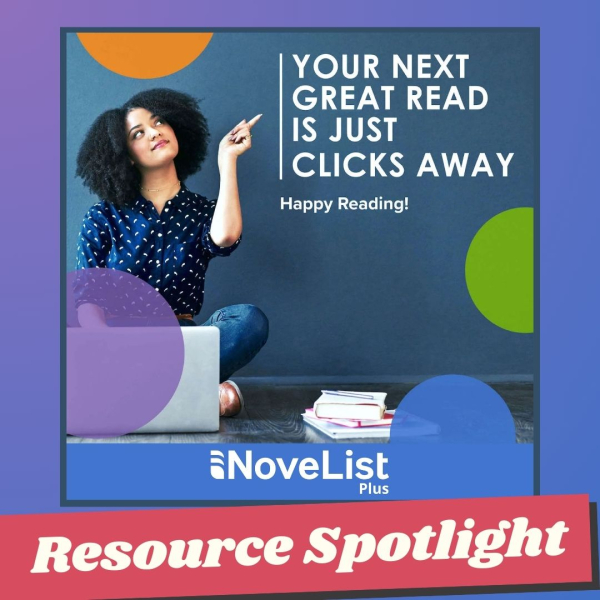 young woman pointing to text that reads "your next great read is just clicks away; happy reading!"