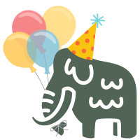 wooly mammoth illustration with balloons and a celebration hat